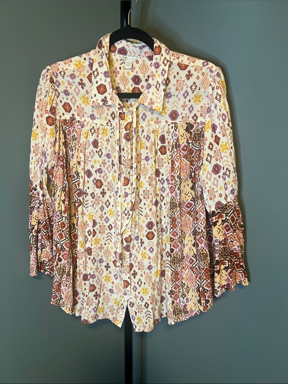 Cato Cream Button-Down Blouse with Purple, Brown & Yellow Geometric Print